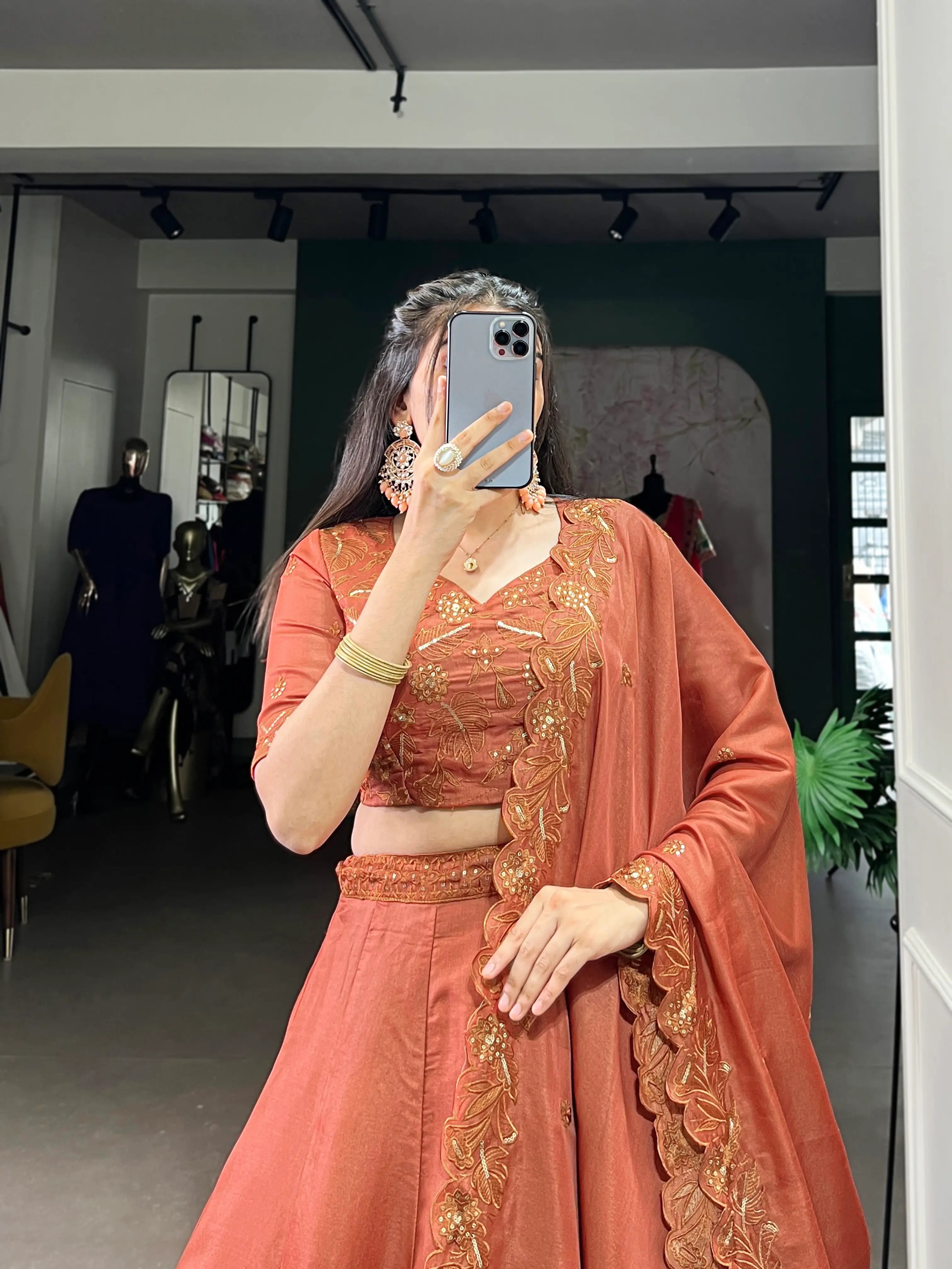 Rust Orange Tussar Silk Thread & Sequins Embroidery Work Lehenga Choli - qivii
