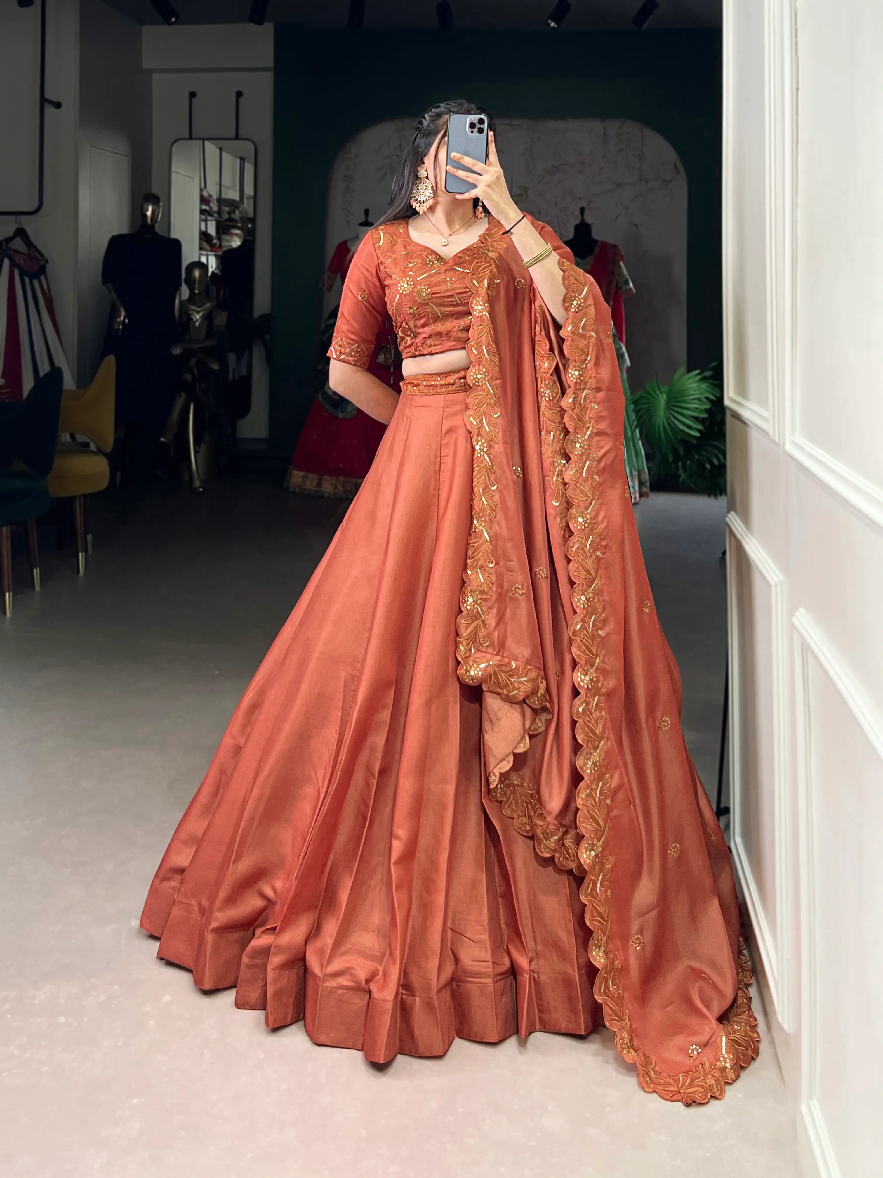 Rust Orange Tussar Silk Thread & Sequins Embroidery Work Lehenga Choli - qivii