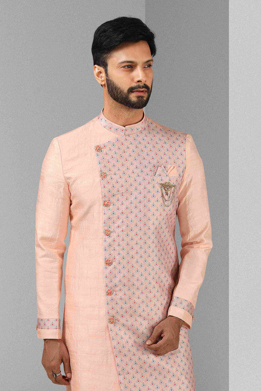 Men's Pink Art Silk Printed Work Indo Western Set
