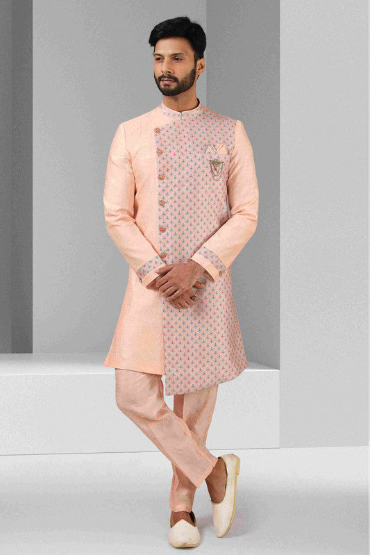 Men's Pink Art Silk Printed Work Indo Western Set
