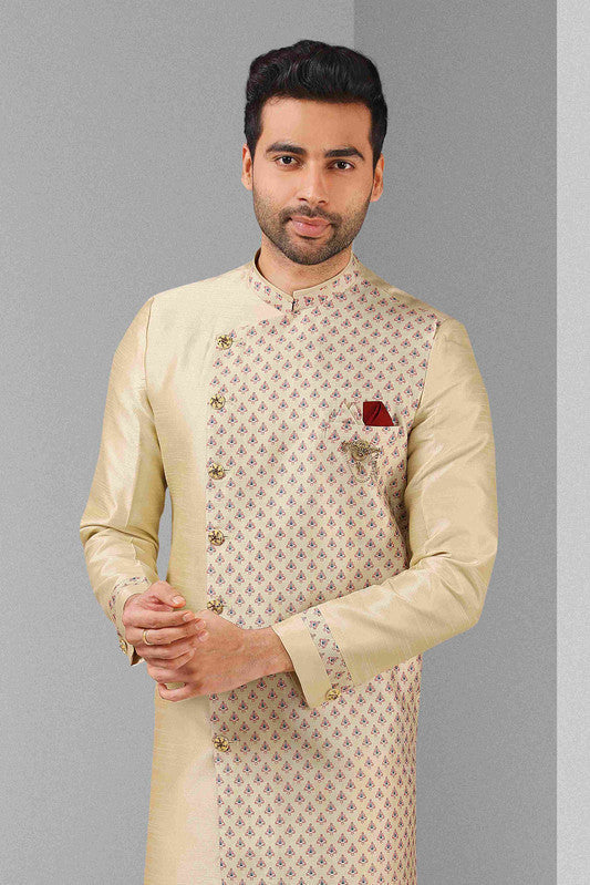 Men's Cream Art Silk Printed Work Indo Western Set