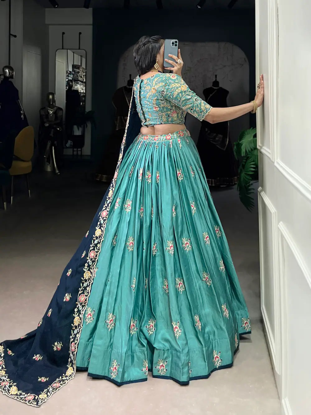 Sea Blue Slab Silk Embroidery Work Lehenga Choli - qivii