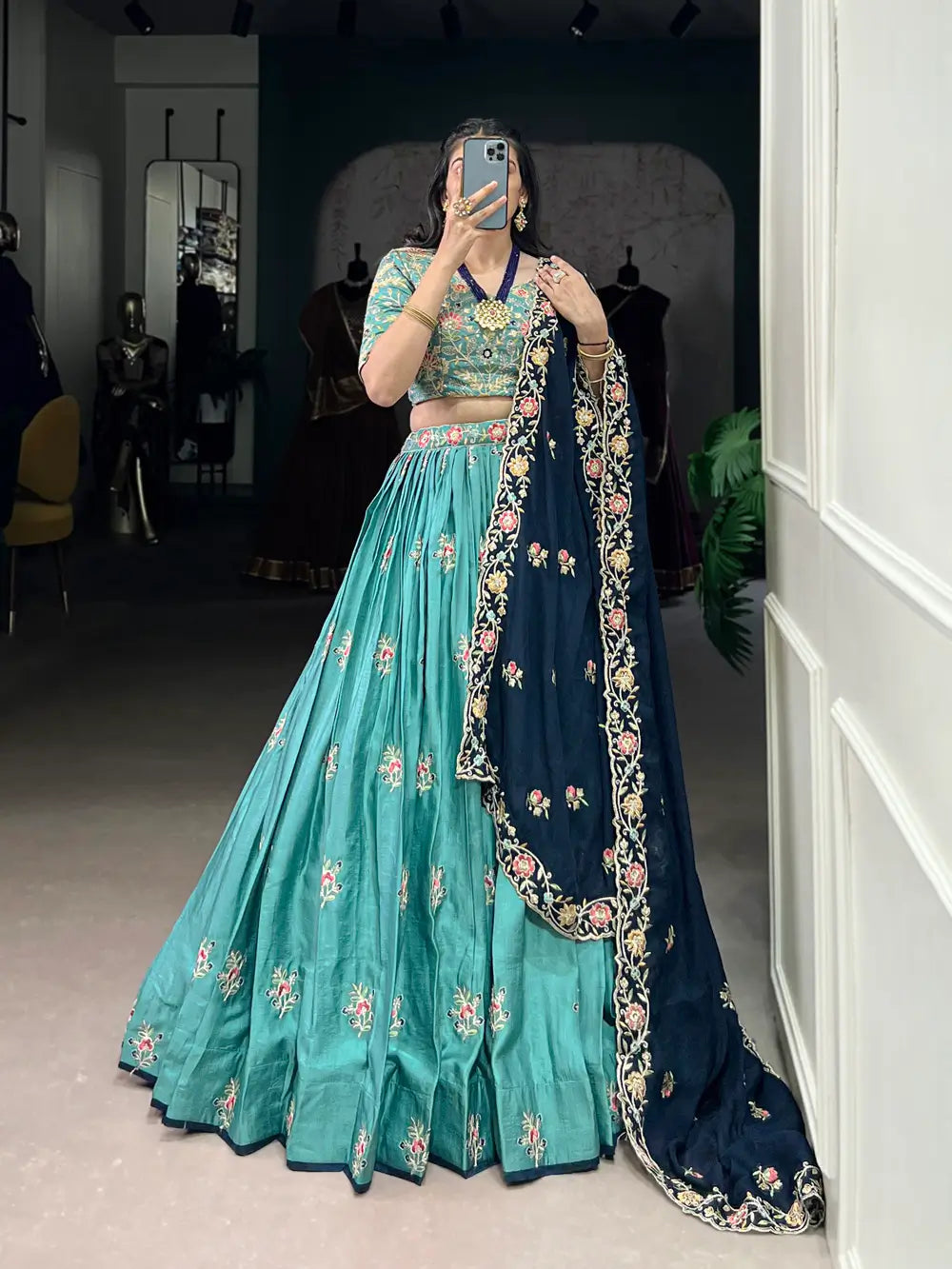 Sea Blue Slab Silk Embroidery Work Lehenga Choli - qivii