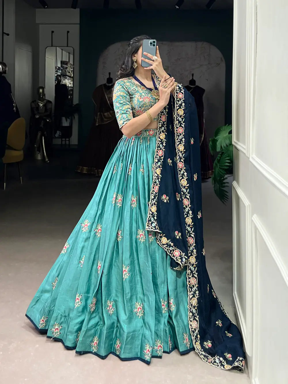 Sea Blue Slab Silk Embroidery Work Lehenga Choli - qivii