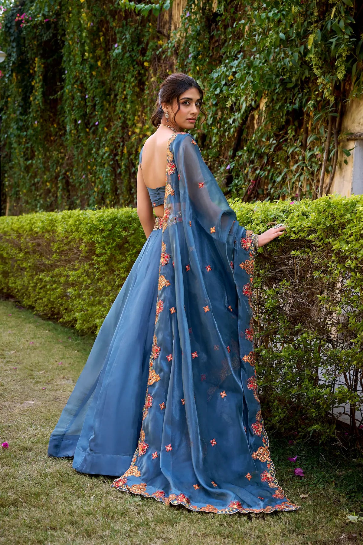 Teal Blue Chanda Silk Embroidery Lehenga Choli