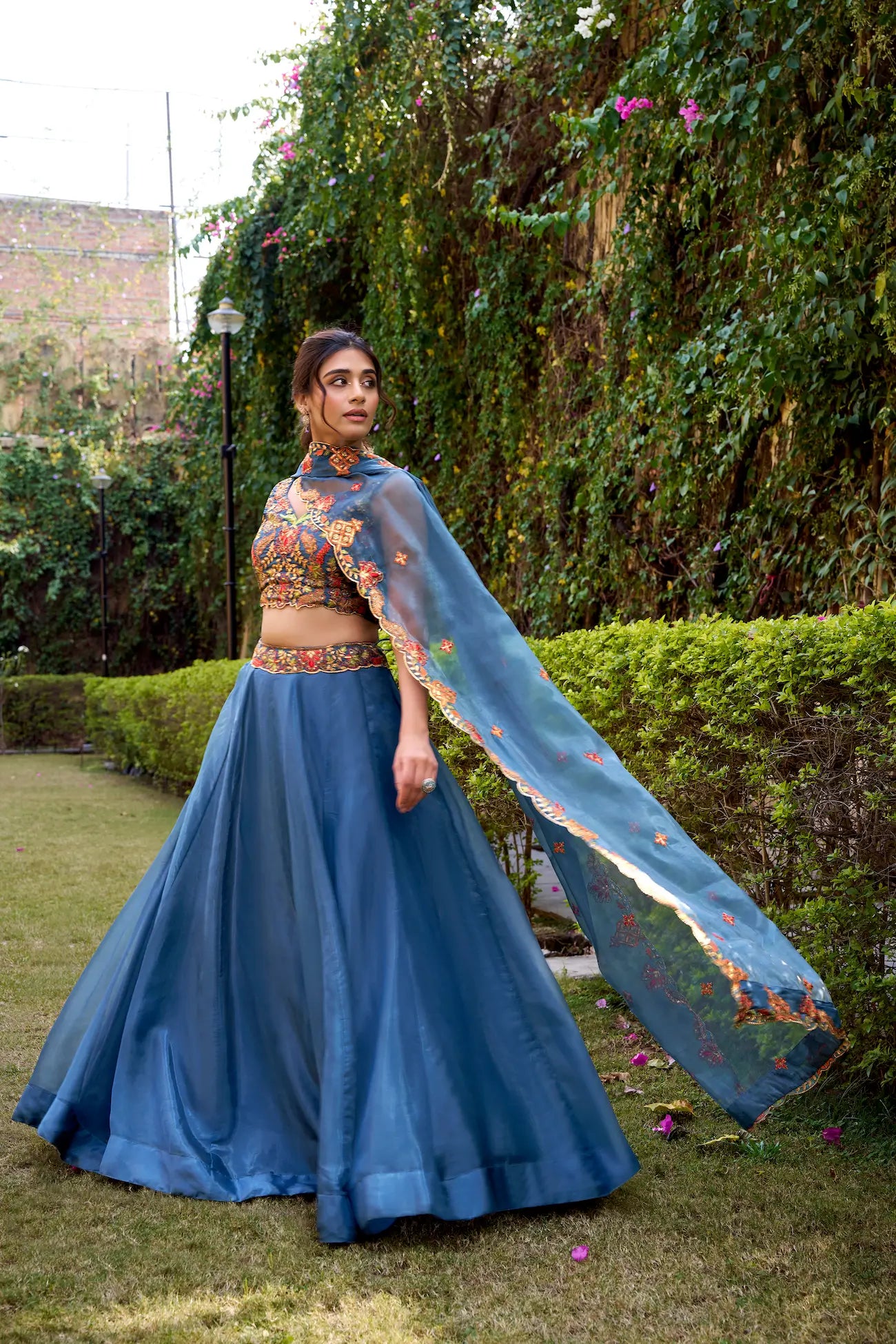 Teal Blue Chanda Silk Embroidery Lehenga Choli