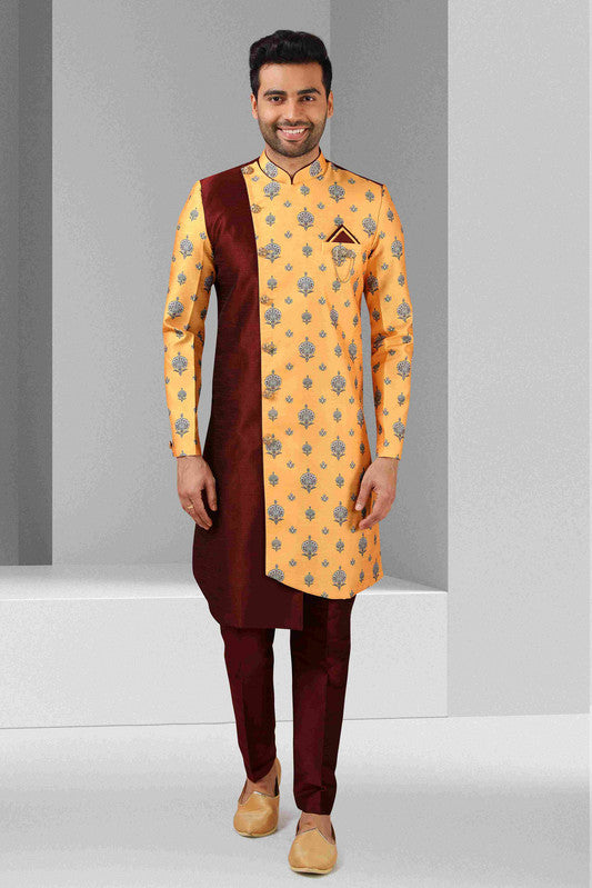 Men's Maroon Yellow Art Silk Printed Work Indo Western Set