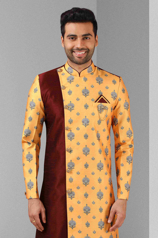 Men's Maroon Yellow Art Silk Printed Work Indo Western Set