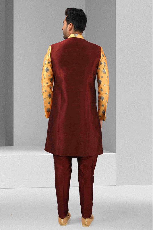 Men's Maroon Yellow Art Silk Printed Work Indo Western Set