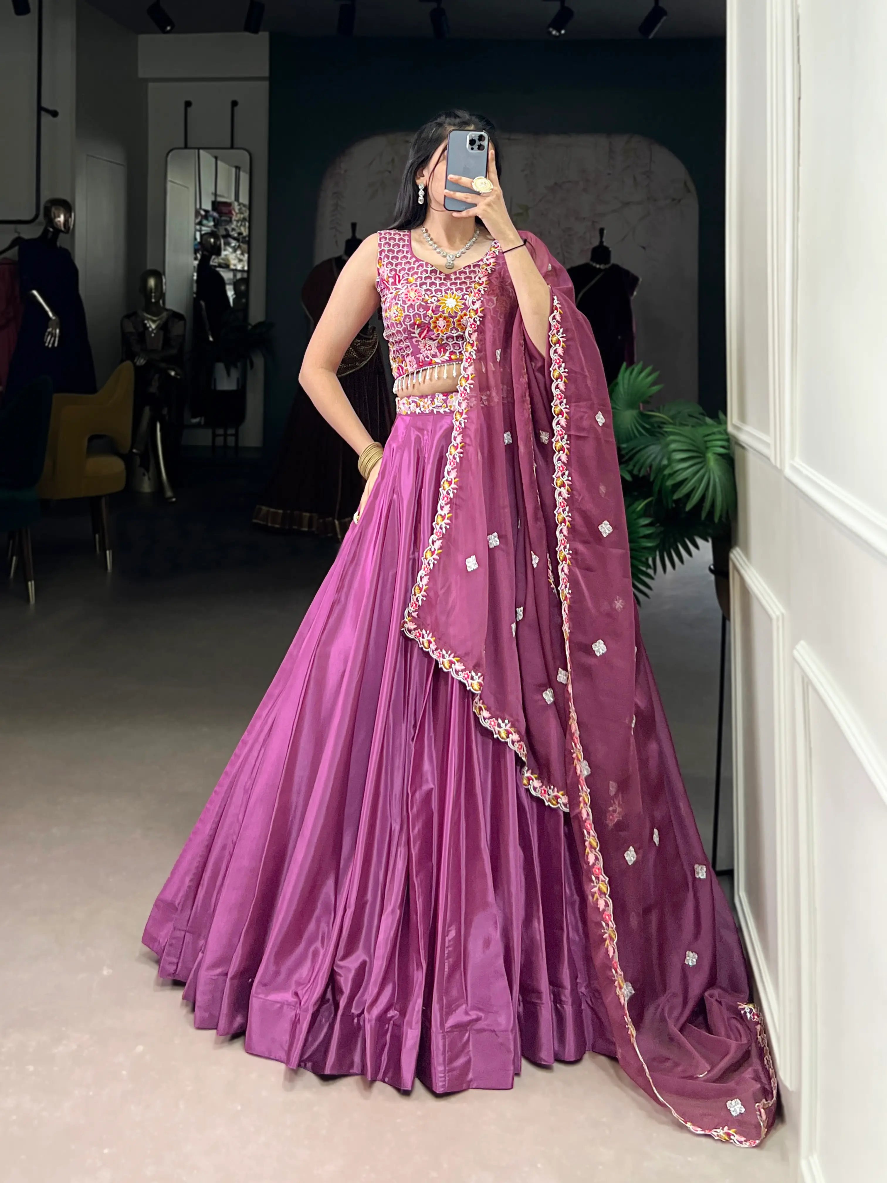 Magenta Pink Crepe Silk Embroidery Work Lehenga Choli - qivii