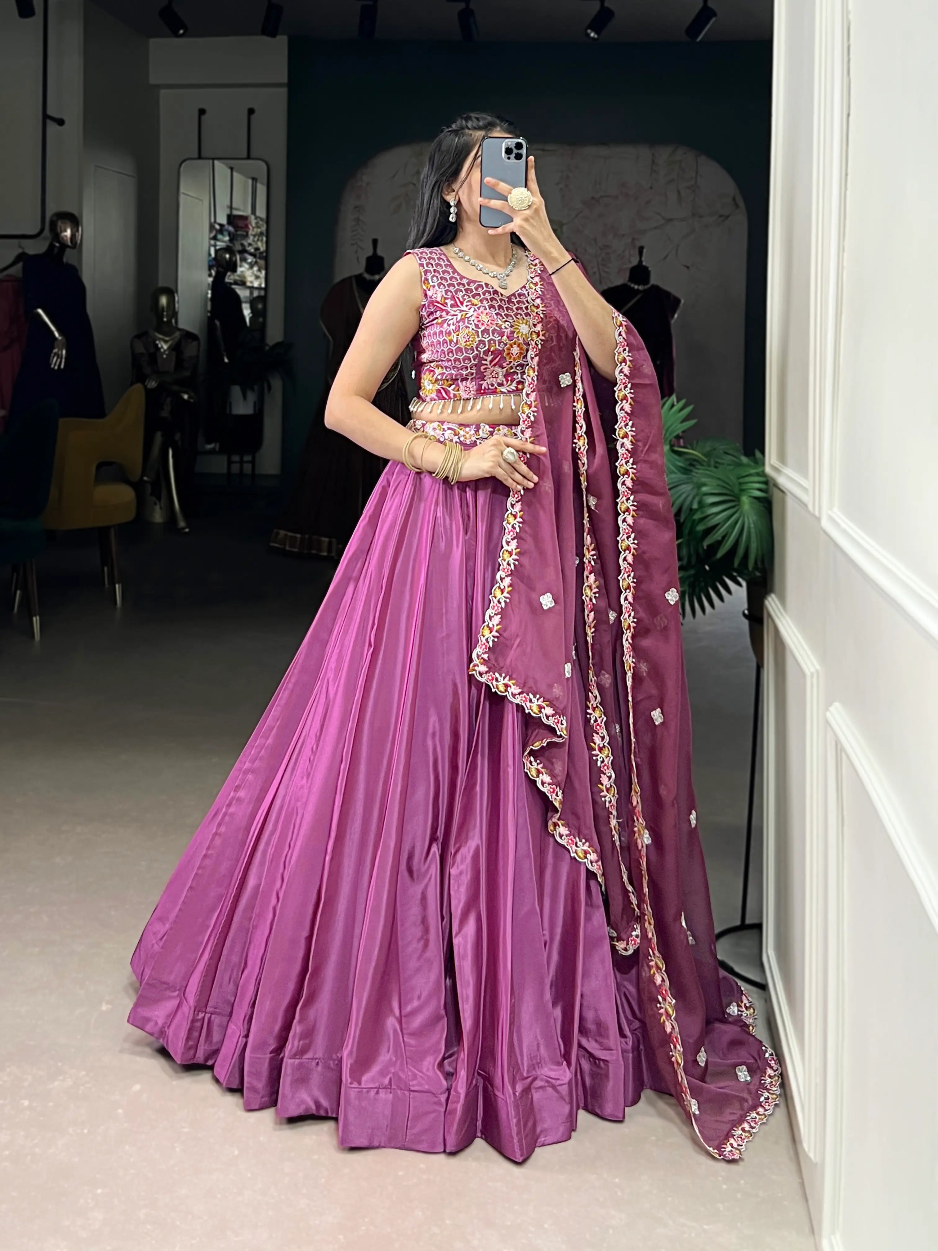 Magenta Pink Crepe Silk Embroidery Work Lehenga Choli - qivii