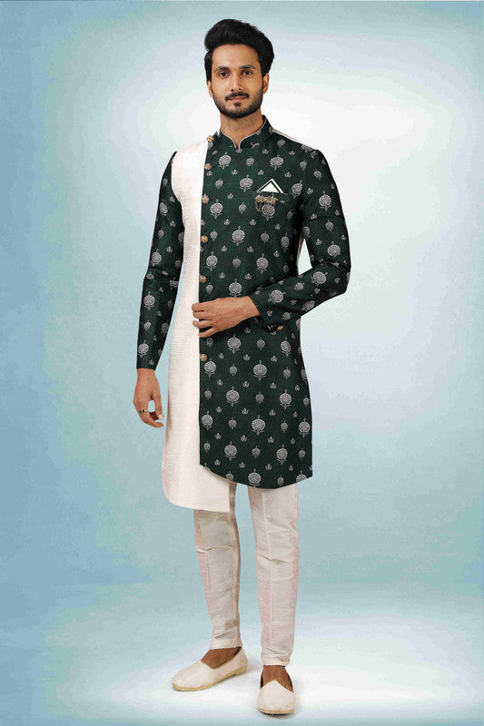 Men's Cream Green Art Silk Printed Work Indo Western Set