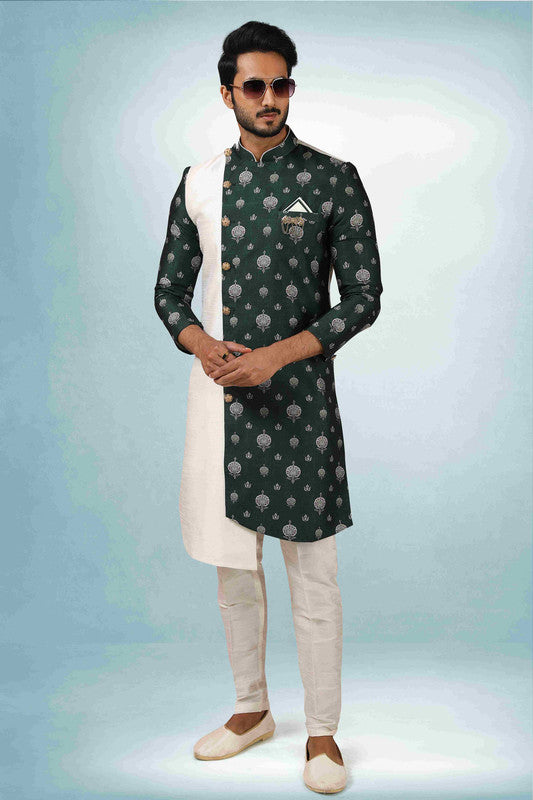 Men's Cream Green Art Silk Printed Work Indo Western Set