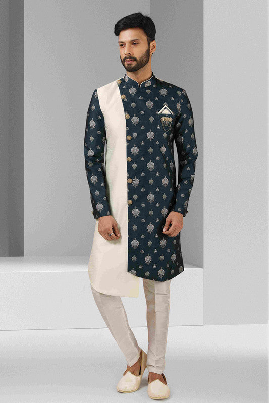 Men's Cream Blue Art Silk Printed Work Indo Western Set