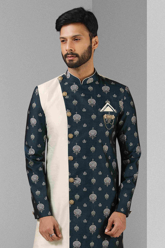 Men's Cream Blue Art Silk Printed Work Indo Western Set