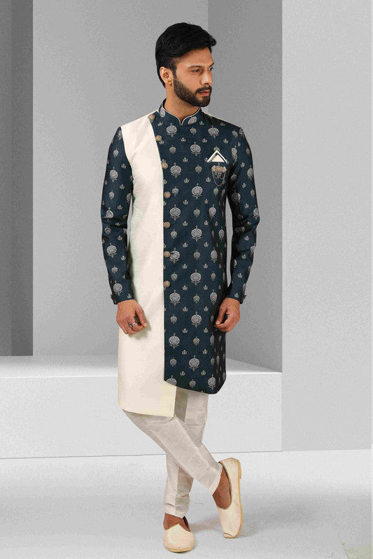 Men's Cream Blue Art Silk Printed Work Indo Western Set