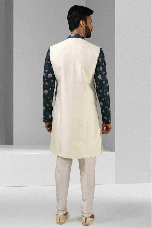 Men's Cream Blue Art Silk Printed Work Indo Western Set