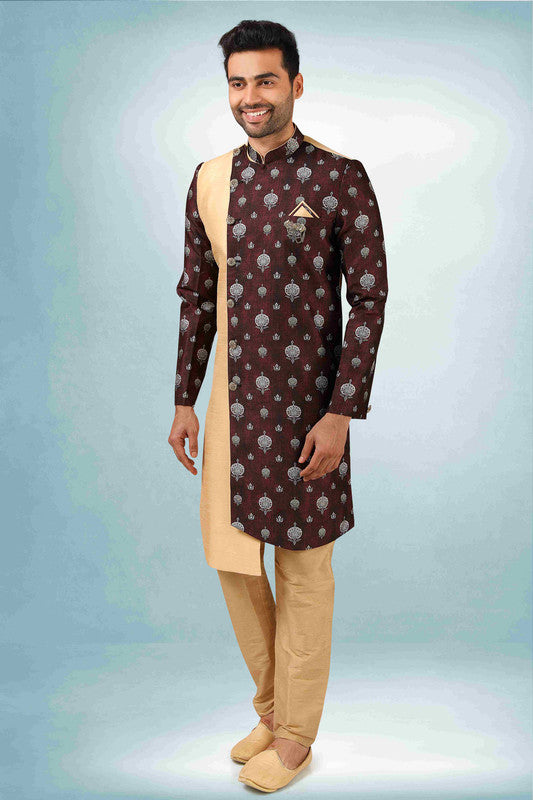 Men's Beige Brown Art Silk Printed Work Indo Western Set