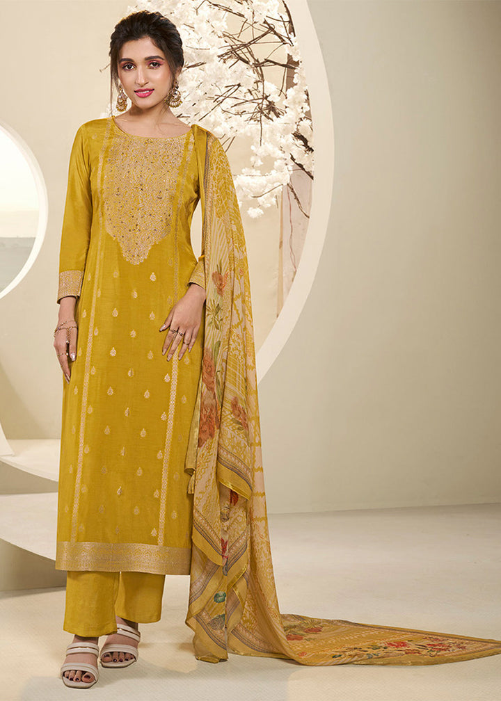 Amber Yellow Muslin Jacquard Kurta .Paired with Santoon Straight pants and Muslin Jacquard Abstract Digital Print Dupatta