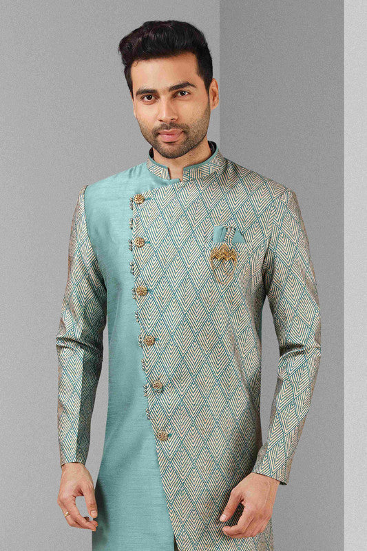 Men's Rama Green Art Silk Printed Work Indo Western Set
