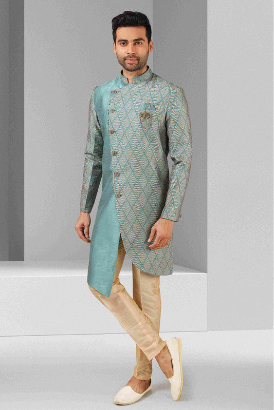 Men's Rama Green Art Silk Printed Work Indo Western Set
