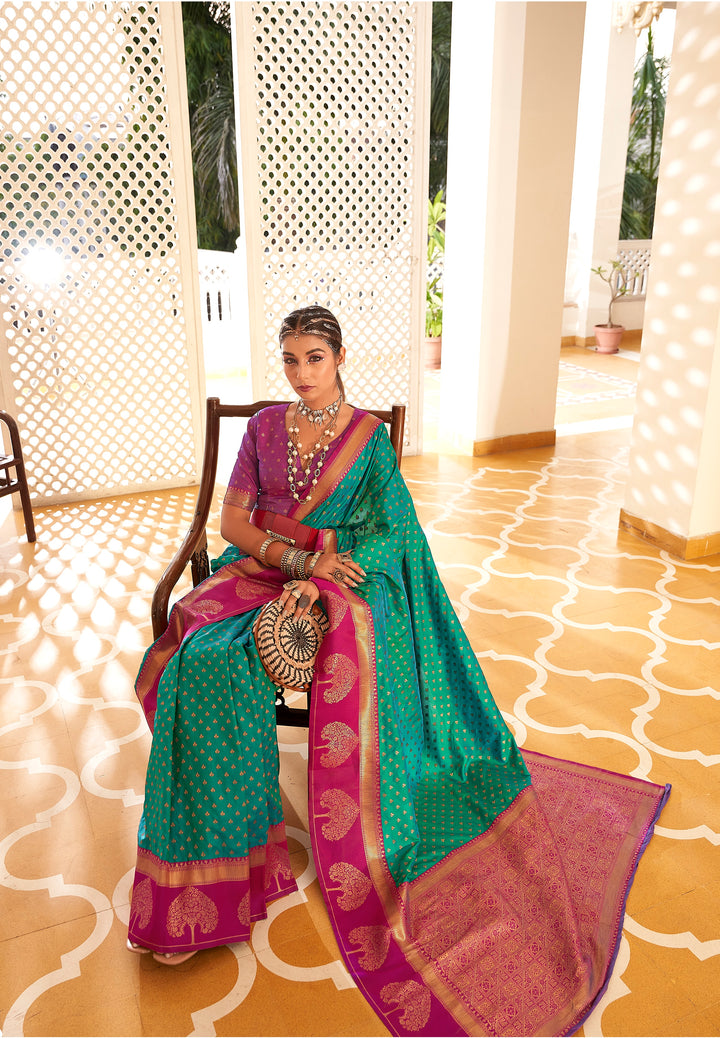 Sea Green Soft Banarasi Paithani & Enhanced With Copper Zari Weaving & Rich Pallu Contarst Border