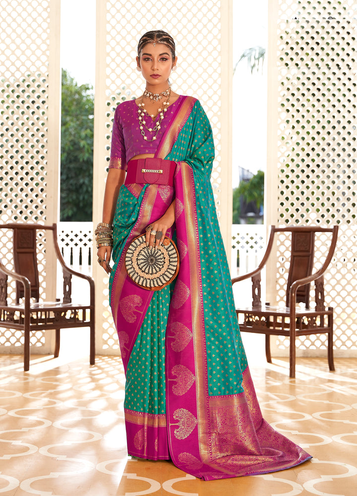 Sea Green Soft Banarasi Paithani & Enhanced With Copper Zari Weaving & Rich Pallu Contarst Border