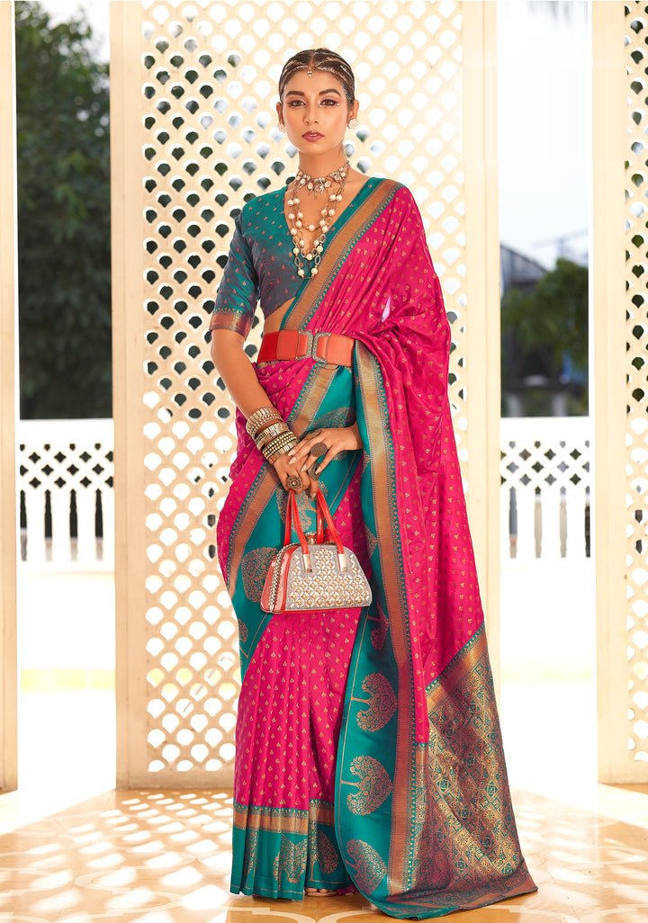 Pink Soft Banarasi Paithani & Enhanced With Copper Zari Weaving & Rich Pallu Contarst Border