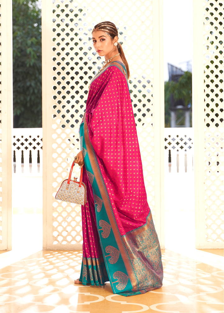 Pink Soft Banarasi Paithani & Enhanced With Copper Zari Weaving & Rich Pallu Contarst Border