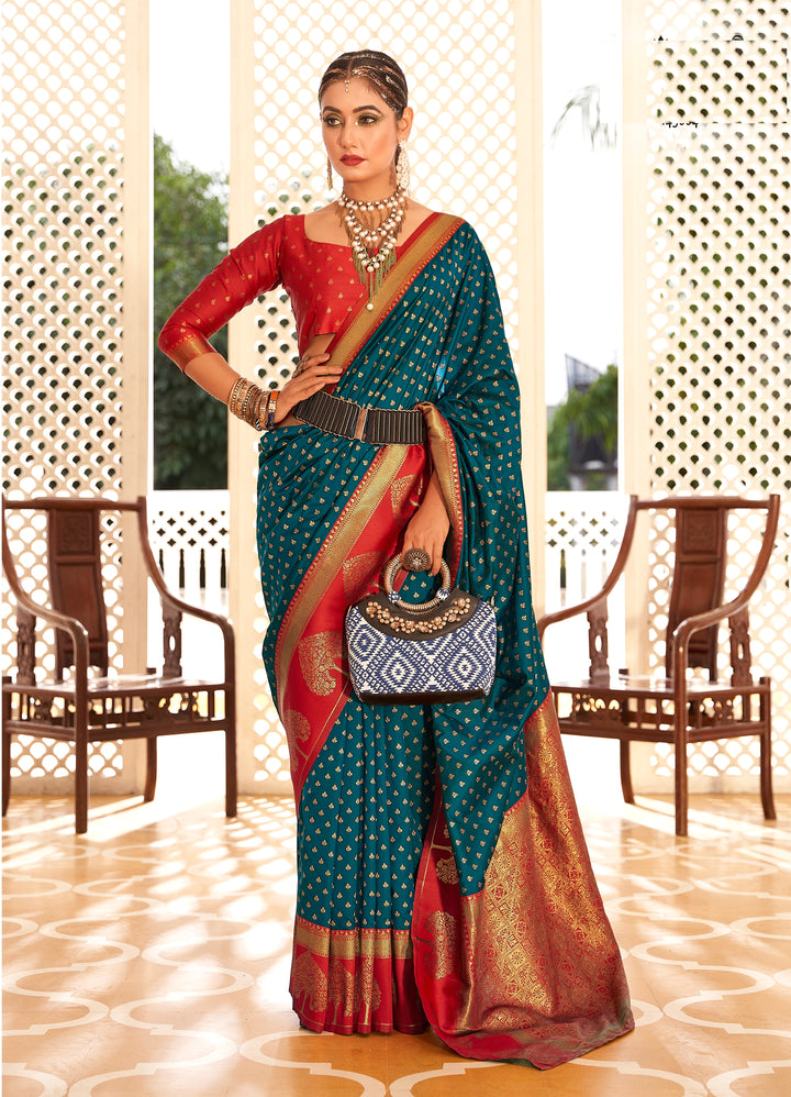 Teal Blue Soft Banarasi Paithani & Enhanced With Copper Zari Weaving & Rich Pallu Contarst Border