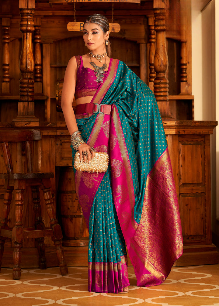 Peacock Blue Soft Banarasi Paithani & Enhanced With Copper Zari Weaving & Rich Pallu Contarst Border