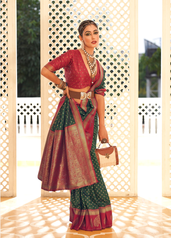 Green Soft Banarasi Paithani & Enhanced With Copper Zari Weaving & Rich Pallu Contarst Border