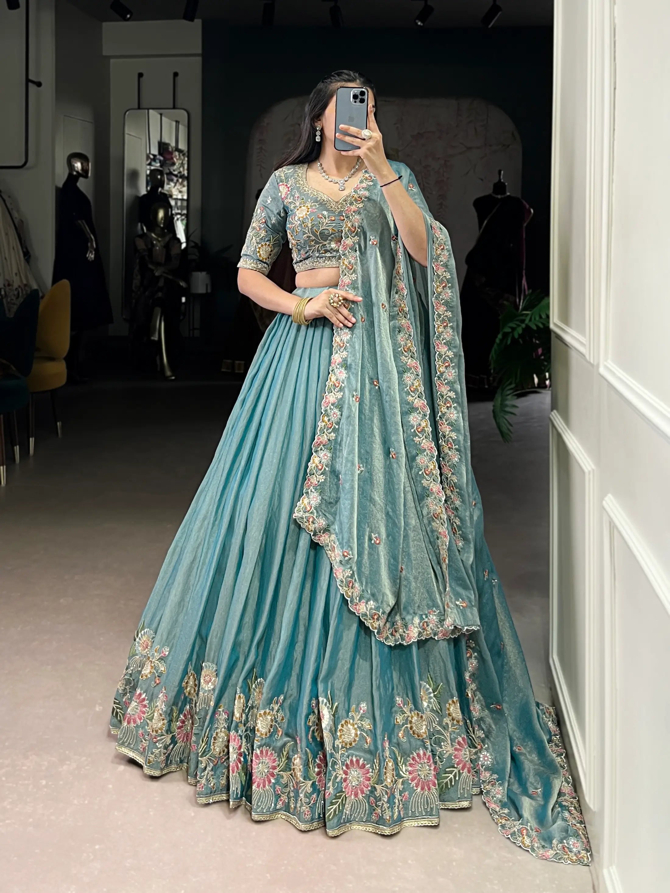 Sea Blue Zari Shimmer Embroidery Work Lehenga Choli - qivii