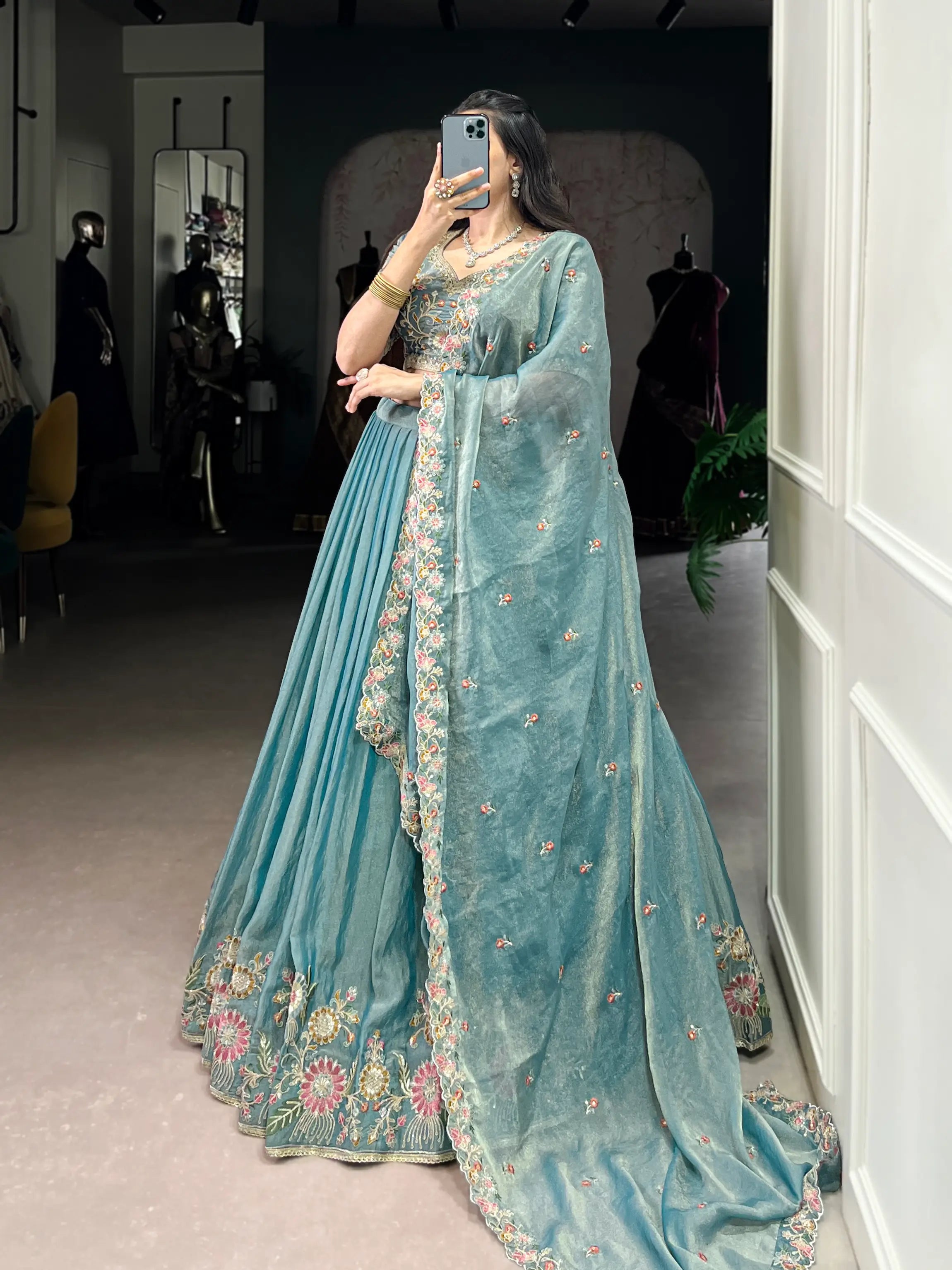 Sea Blue Zari Shimmer Embroidery Work Lehenga Choli - qivii