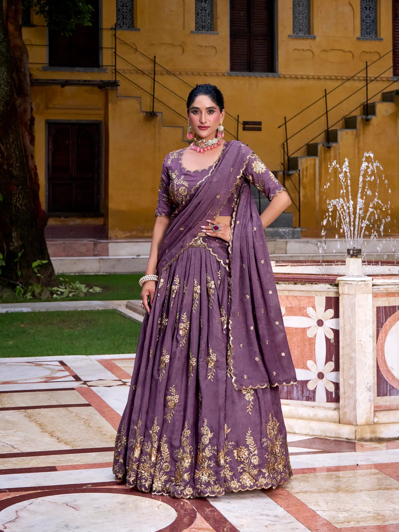 Dusty Purple Crush Silk Embroidery Lehenga Choli - qivii