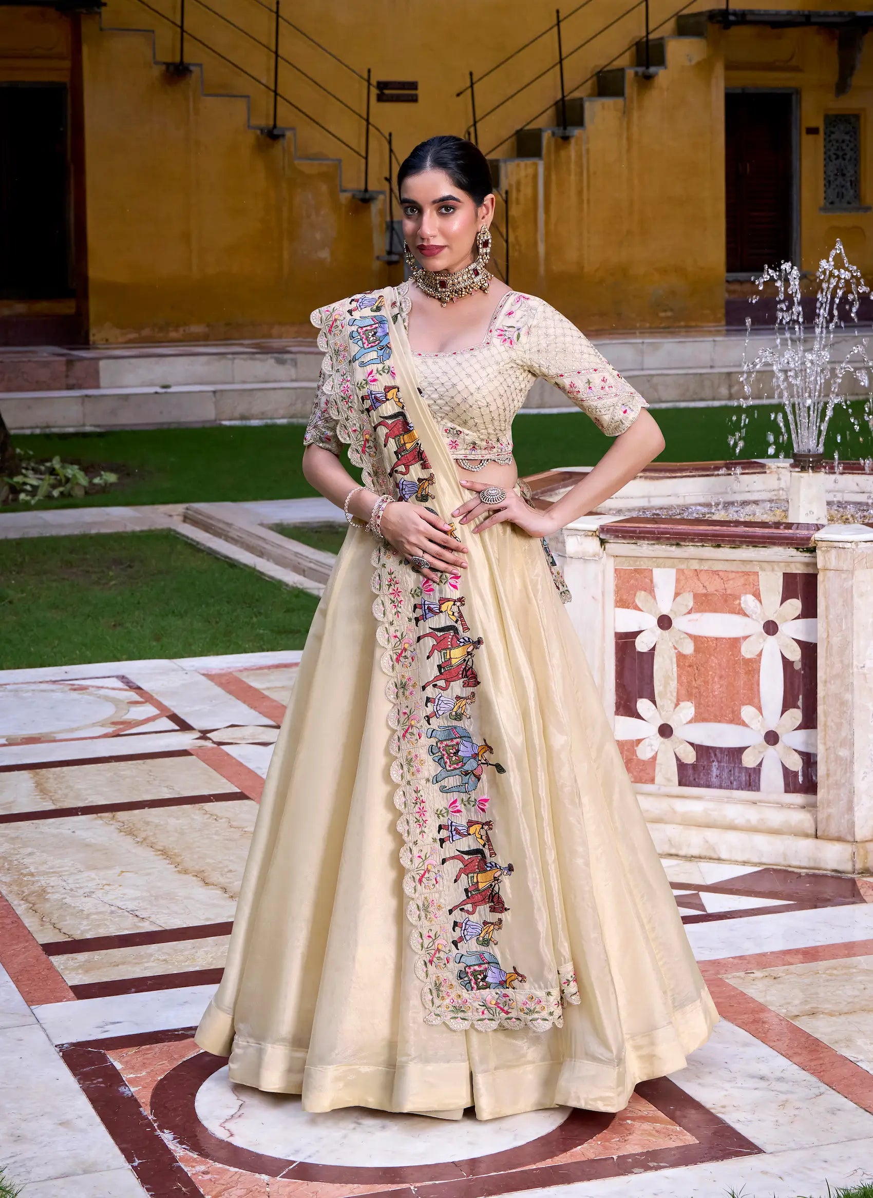 Beige Thread & Sequins Embroidery Silk Lehenga Choli - qivii