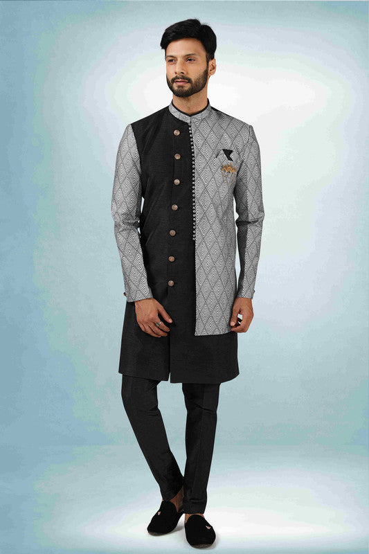 Men's Black Grey Art Silk Printed Work Indo Western Set