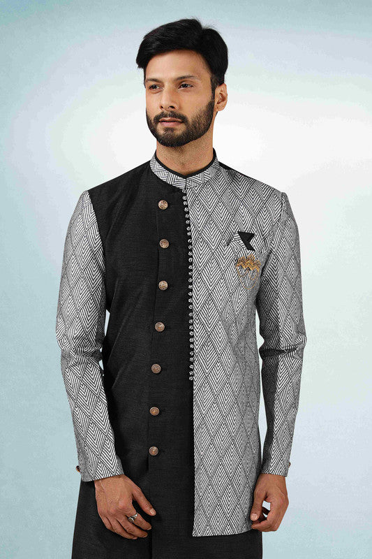 Men's Black Grey Art Silk Printed Work Indo Western Set