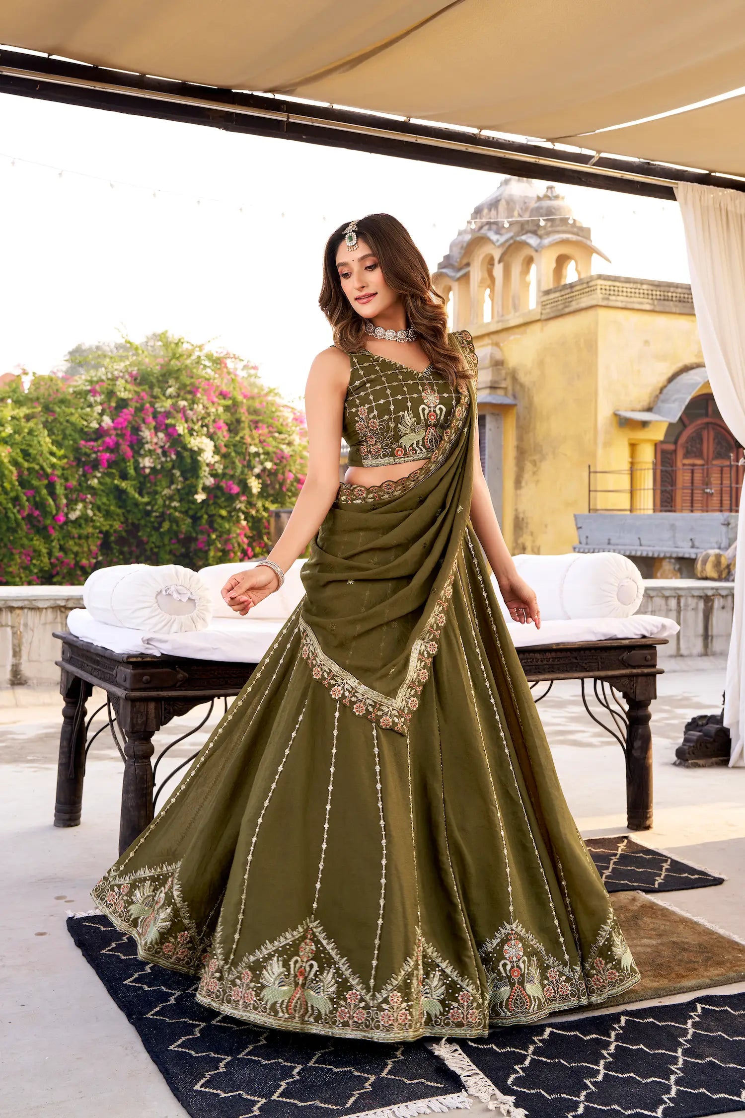 Dark Olive Chocolate Crush Embroidery Lehenga Choli