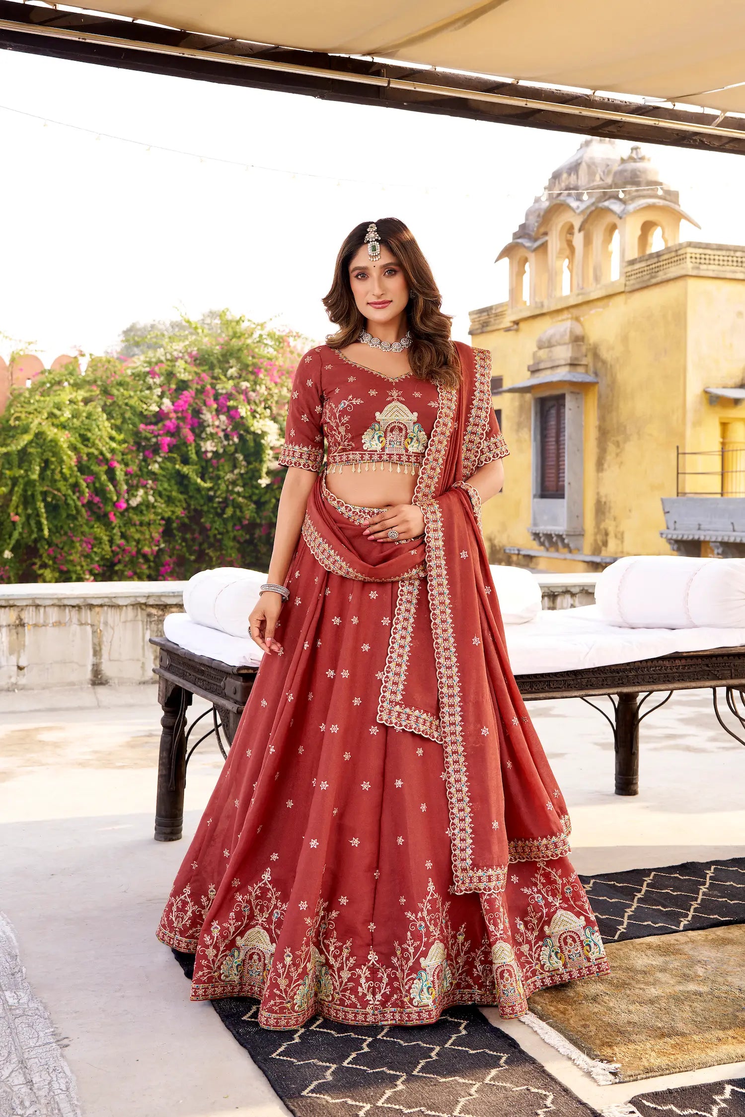 Rust Orange Chocolate Crush Embroidery Lehenga Choli