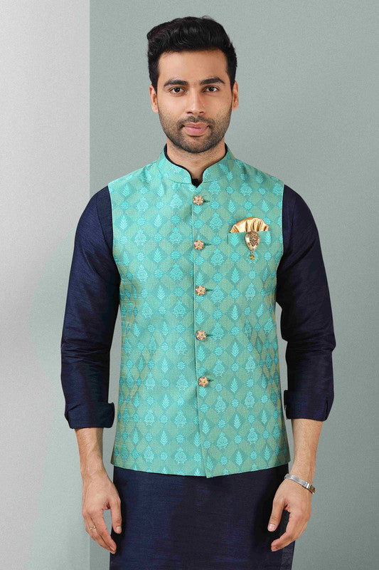 Men's Jacquard Banarasi Silk Woven Work 3 Pics Jacket Set In Sea Green Colour
