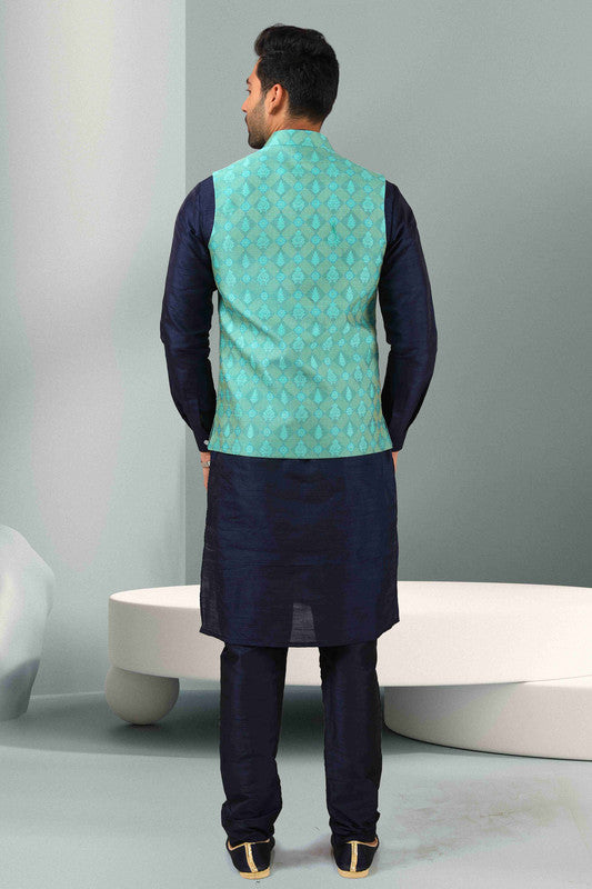 Men's Jacquard Banarasi Silk Woven Work 3 Pics Jacket Set In Sea Green Colour