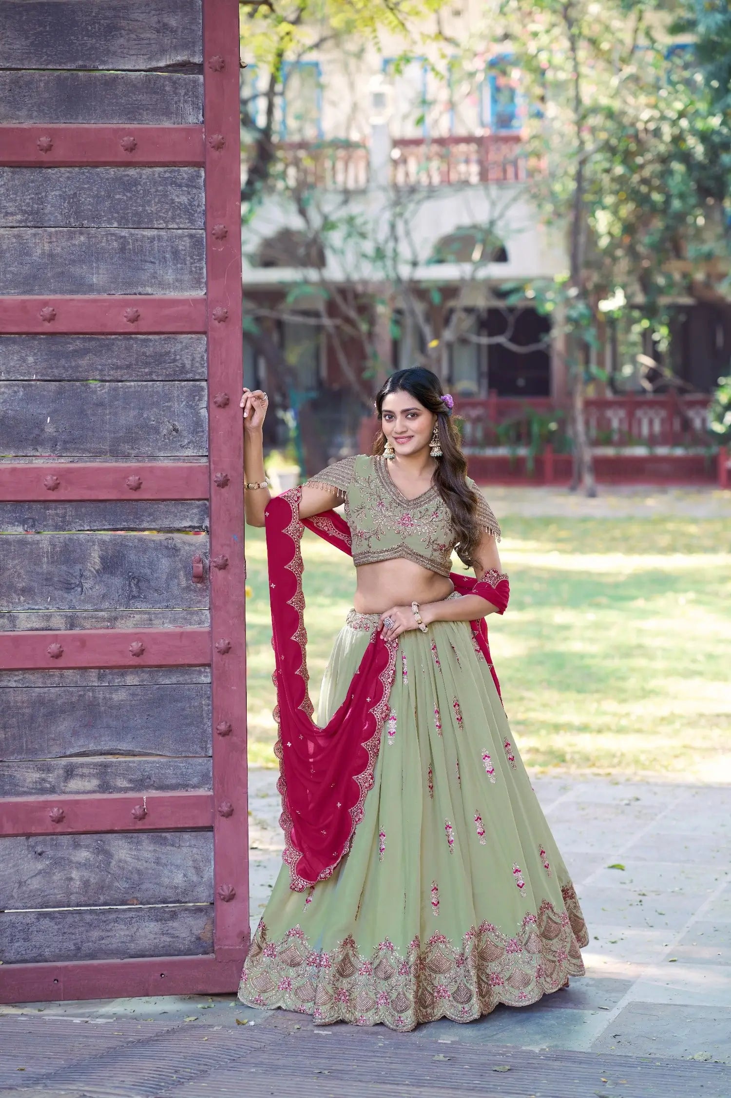 Pista Green Georgette Embroidery Lehenga Choli