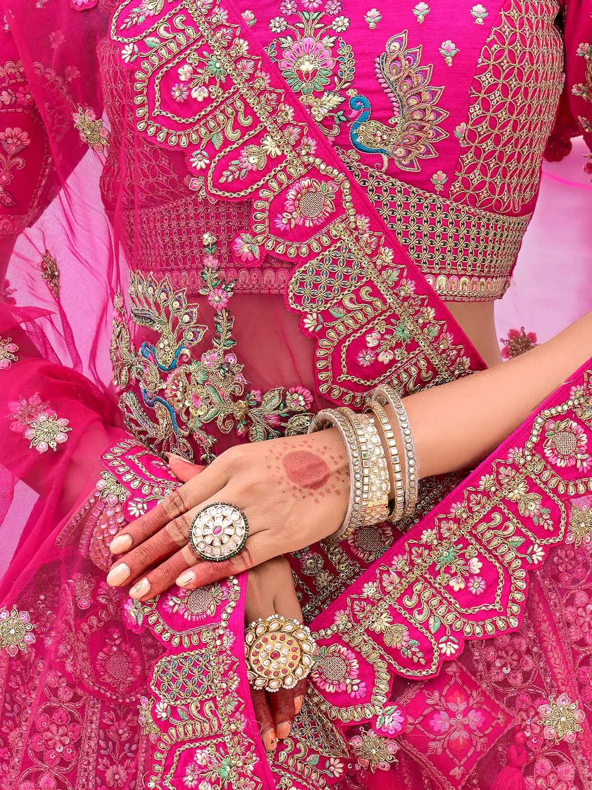 Pink Bridal Lehenga With Khatli, Heavy Embroidery & 2 Dupatta - qivii