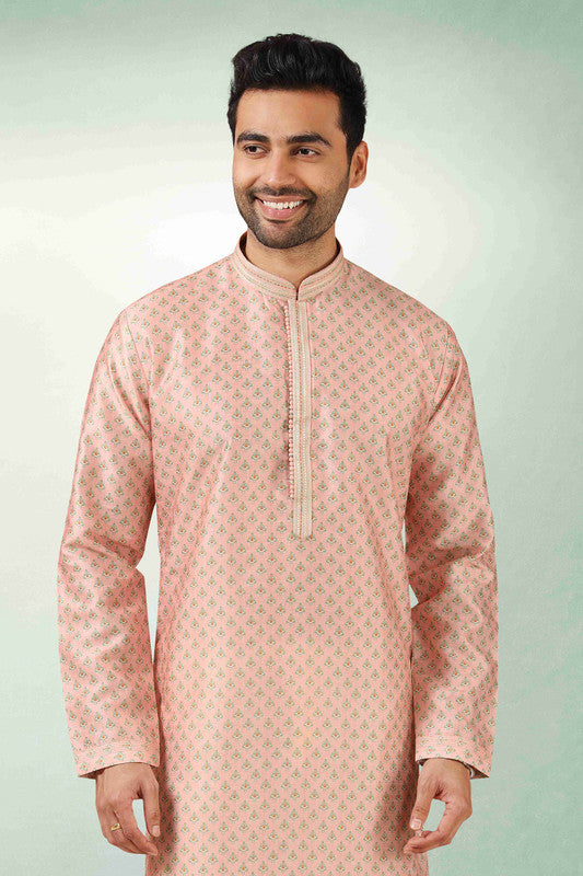 Men's Pink Art Silk Printed Work Kurta Pajama Set