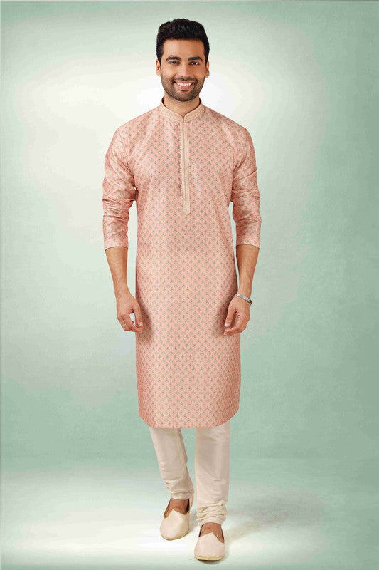 Men's Pink Art Silk Printed Work Kurta Pajama Set