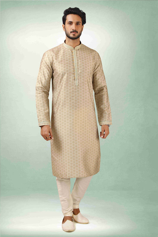 Men's Beige Art Silk Printed Work Kurta Pajama Set