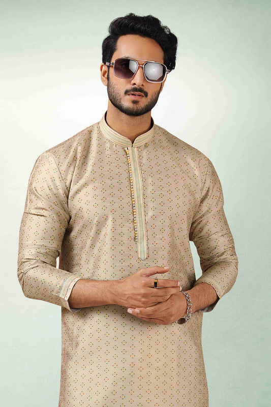 Men's Beige Art Silk Printed Work Kurta Pajama Set