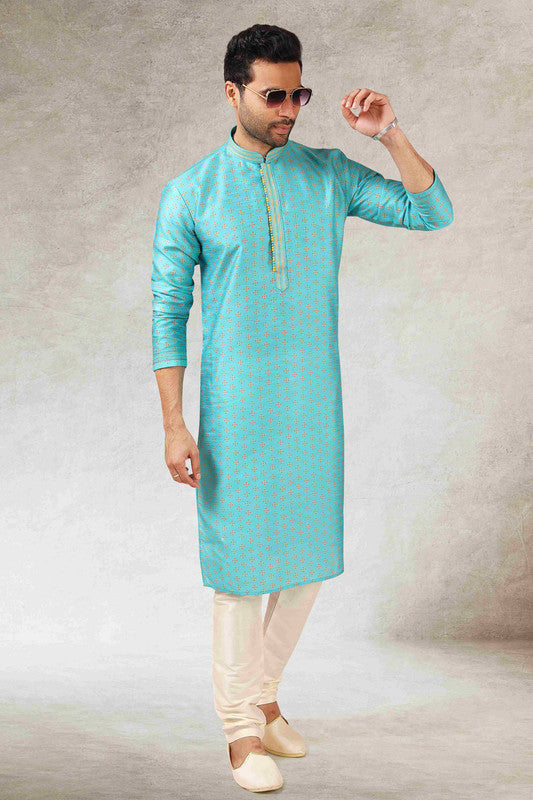 Men's Sky Blue Art Silk Printed Work Kurta Pajama Set