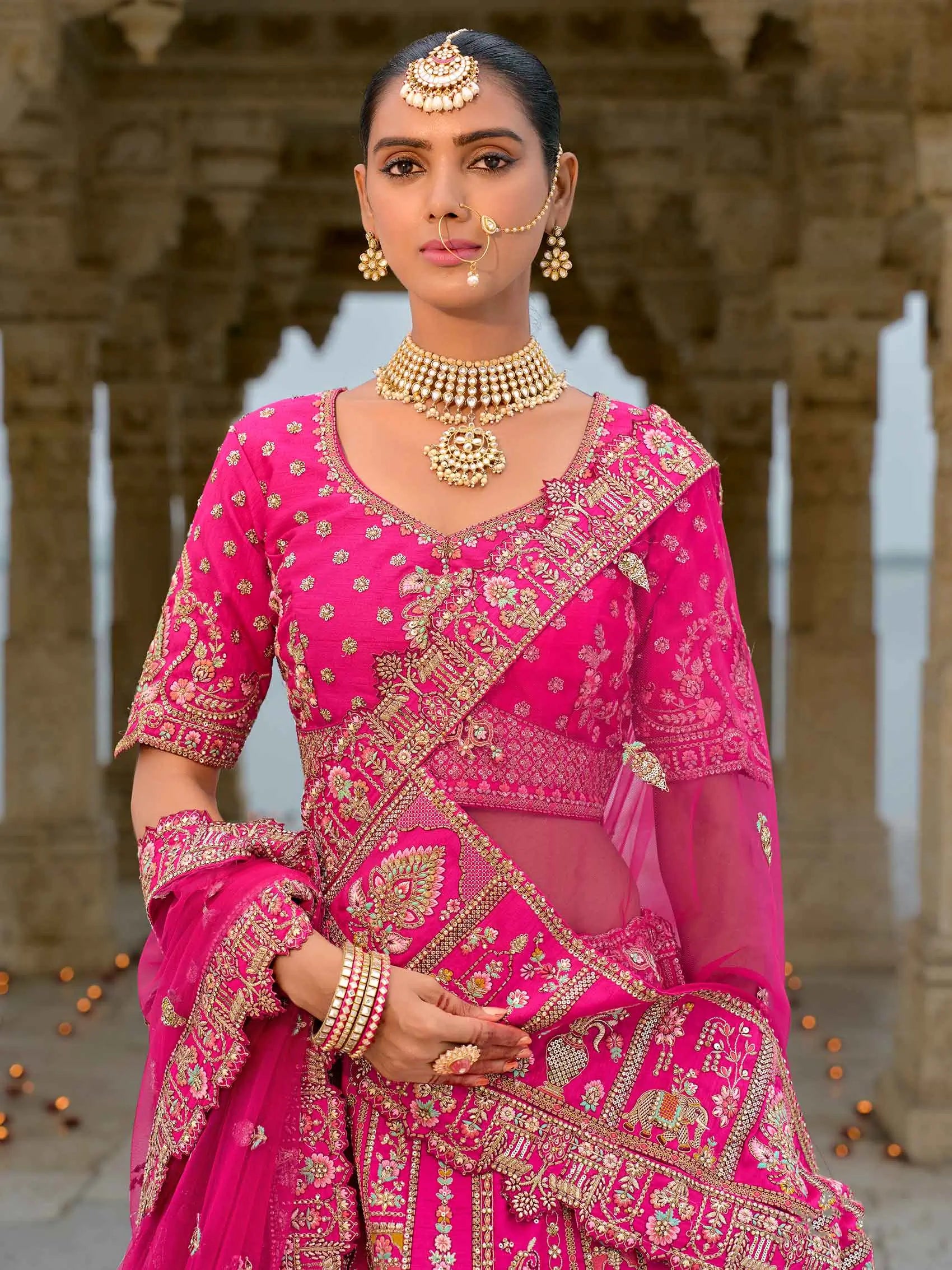 Designer Pink Bridal Lehenga With Heavy Embroidery & 2 Dupatta - qivii
